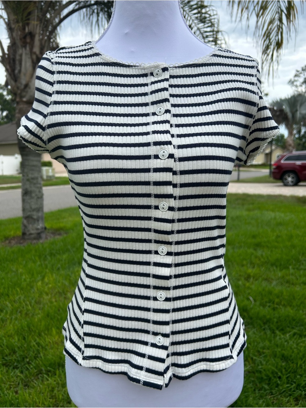 NWT🌷Free People Striped Crew Neck Cap Sleeve Button Front Ribbed Knit Cardi Top
